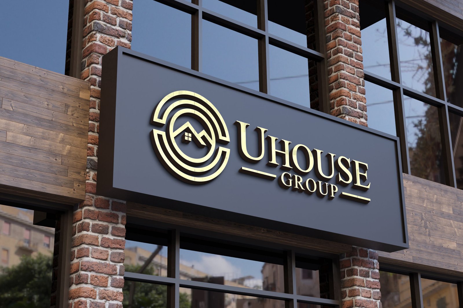 Realistic 3D Gold Logo Mockup on Building Facade Sign