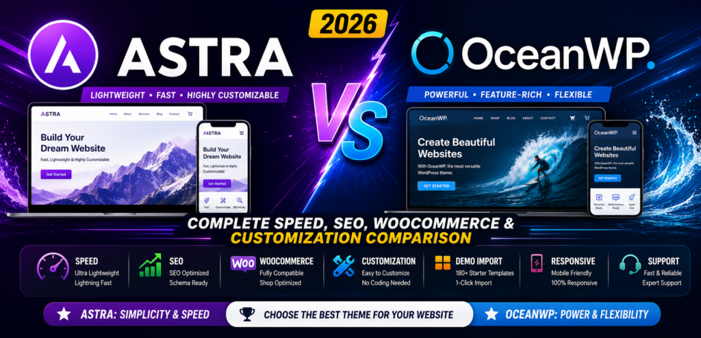 Astra vs OceanWP 2026 – Complete Speed, SEO, WooCommerce & Customization Comparison