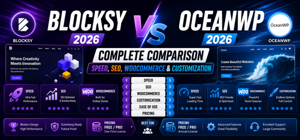 Blocksy vs OceanWP 2026 – Complete Speed, SEO, WooCommerce & Customization Comparison