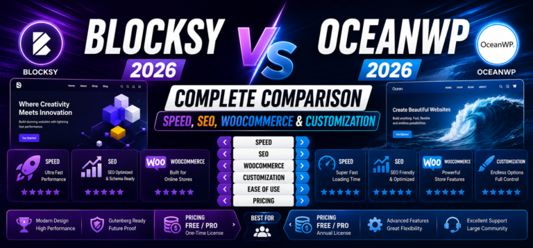 Blocksy vs OceanWP 2026 – Complete Speed, SEO, WooCommerce & Customization Comparison