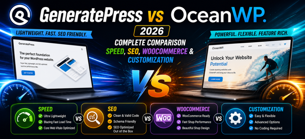 GeneratePress vs OceanWP 2026 – Which WordPress Theme Is Better for Speed, SEO & WooCommerce?